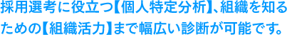 採用選考に役立つ【個人特定分析】、組織を知るための【組織活力】まで幅広い診断が可能です。